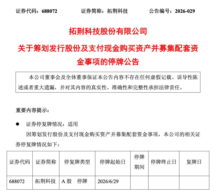拓荆科技拟购买半导体公司 股票停牌！股价涨近5倍